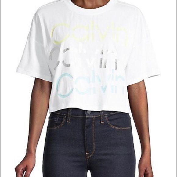 🆕 Calvin Klein Performance Multi Colour Logo Slight Crop Waisted Tee - Picture 1 of 7
